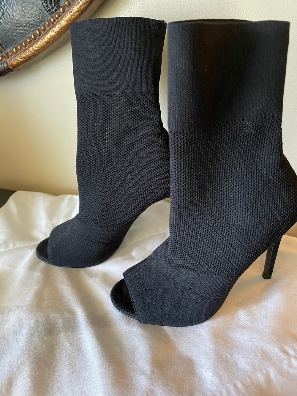 Steve Madden Black Knit Peep-Toe Sock Heeled Boots